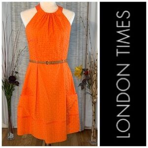 London Times orange quilt/embroidered sleeveless halter dress.